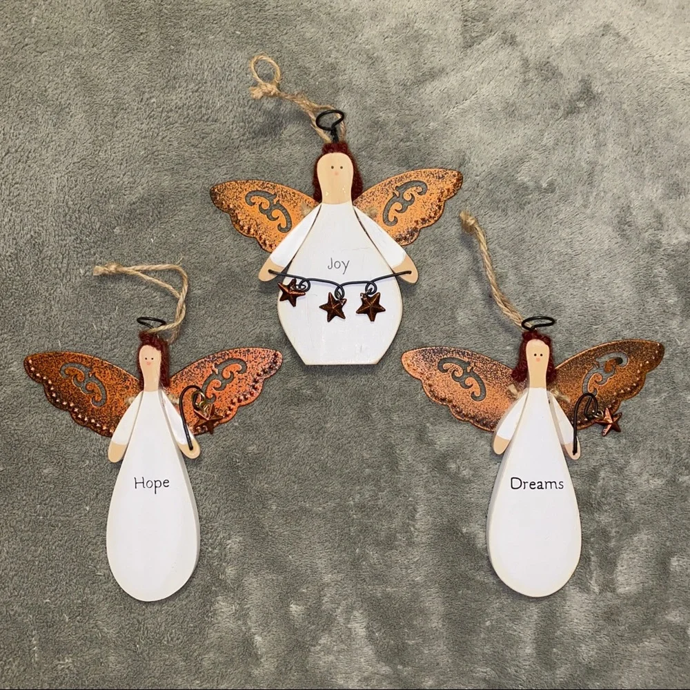 Angel Ornaments Russ Berrie Wood Metal Hope Joy Dreams Set of 3 Christmas Tree